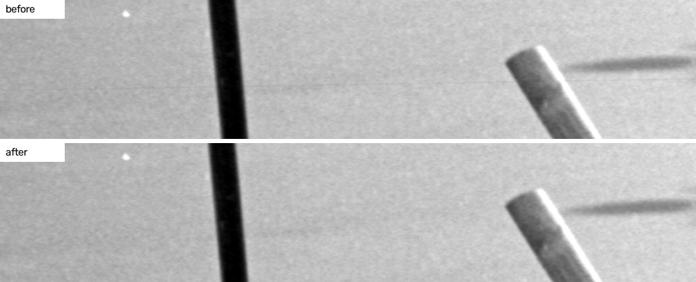 Two crops of the same patch of grey road surface labelled before and after. In the top crop a faint dark horizontal line runs the full width of the image; in the bottom crop it is gone.