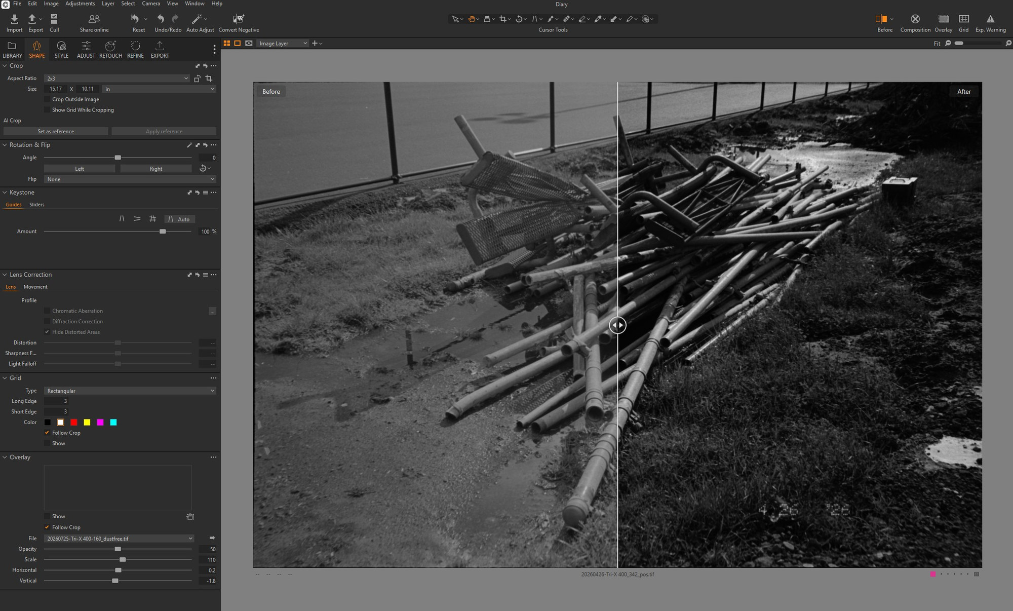 Screenshot of Capture One with the positive open. A vertical split line runs down the middle of the photograph; the left half is labelled Before and the right half After, which is brighter with more contrast.