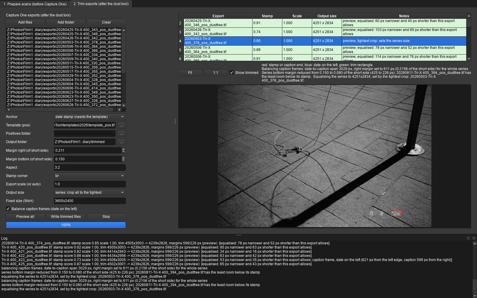 Screenshot of ScanTool's Trim tab. On the left, a list of exported TIFF files and settings for margins, aspect, stamp corner and output size; on the right, a table of files with stamp scores and a preview of a photograph of a rope on paving stones, with the date stamp outlined in red in the corner. A log at the bottom reports the trim sizes.
